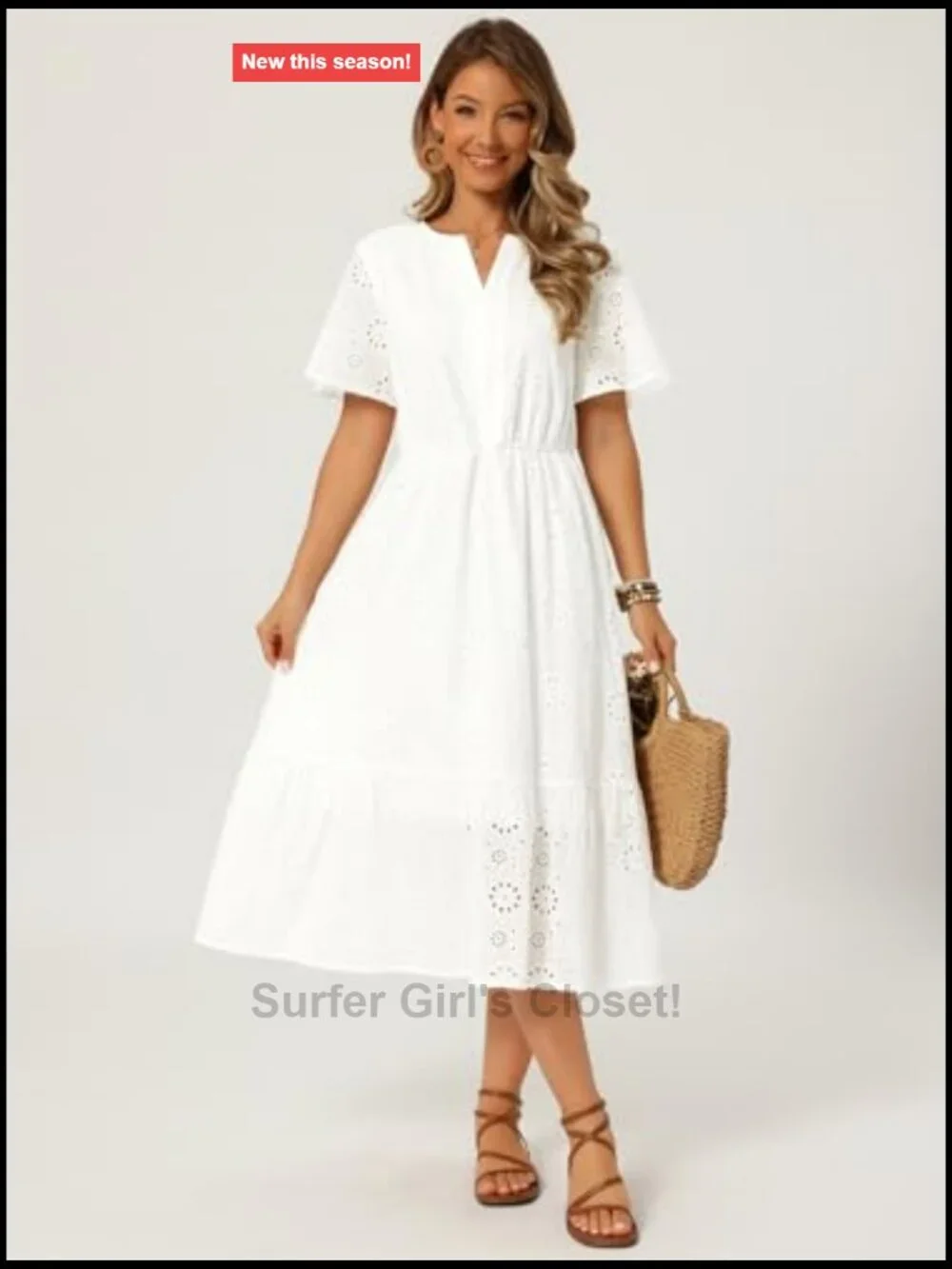 Women's Eyelet Lace Midi Sundress Short Sleeve A-Line Flowy Beach Dress